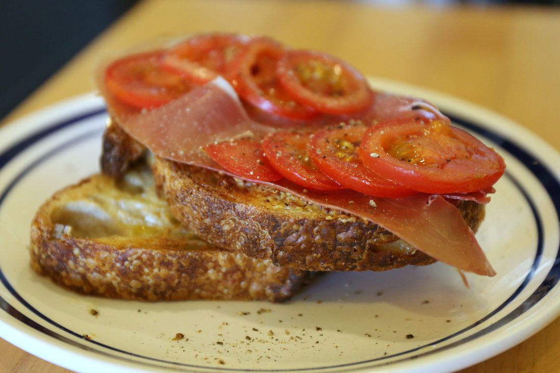 Tartine Bayonne: cured ham, tomato, butter, mustard ($9.50)<br/>